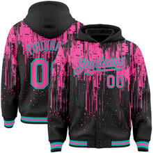 Load image into Gallery viewer, Custom Black Pink-Aqua Dripping Splatter 3D Pattern Design Bomber Full-Snap Varsity Letterman Hoodie Jacket