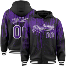 Загрузить изображение в средство просмотра галереи, Custom Black Purple-White Dripping Splatter 3D Pattern Design Bomber Full-Snap Varsity Letterman Hoodie Jacket