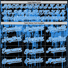 Загрузить изображение в средство просмотра галереи, Custom Black Powder Blue-White Dripping Splatter 3D Pattern Design Bomber Full-Snap Varsity Letterman Hoodie Jacket