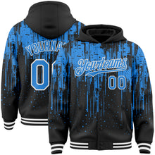 Загрузить изображение в средство просмотра галереи, Custom Black Powder Blue-White Dripping Splatter 3D Pattern Design Bomber Full-Snap Varsity Letterman Hoodie Jacket