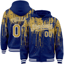 Загрузить изображение в средство просмотра галереи, Custom Royal Old Gold-White Dripping Splatter 3D Pattern Design Bomber Full-Snap Varsity Letterman Hoodie Jacket