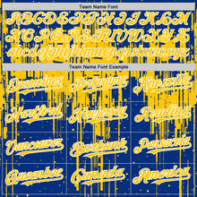 Load image into Gallery viewer, Custom Royal Yellow-White Dripping Splatter 3D Pattern Design Bomber Full-Snap Varsity Letterman Hoodie Jacket