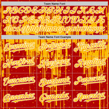 Загрузить изображение в средство просмотра галереи, Custom Red Gold-White Dripping Splatter 3D Pattern Design Bomber Full-Snap Varsity Letterman Hoodie Jacket