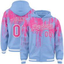Загрузить изображение в средство просмотра галереи, Custom Light Blue Pink-White Dripping Splatter 3D Pattern Design Bomber Full-Snap Varsity Letterman Hoodie Jacket
