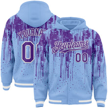Загрузить изображение в средство просмотра галереи, Custom Light Blue Purple-White Dripping Splatter 3D Pattern Design Bomber Full-Snap Varsity Letterman Hoodie Jacket