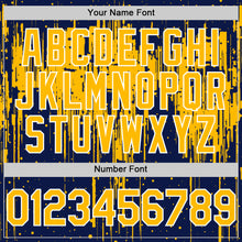 Загрузить изображение в средство просмотра галереи, Custom Navy Gold-White Dripping Splatter 3D Pattern Design Bomber Full-Snap Varsity Letterman Hoodie Jacket
