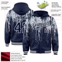 Load image into Gallery viewer, Custom Navy Silver-White Dripping Splatter 3D Pattern Design Bomber Full-Snap Varsity Letterman Hoodie Jacket