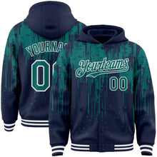 Загрузить изображение в средство просмотра галереи, Custom Navy Teal-White Dripping Splatter 3D Pattern Design Bomber Full-Snap Varsity Letterman Hoodie Jacket