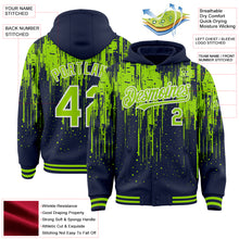 Загрузить изображение в средство просмотра галереи, Custom Navy Neon Green-White Dripping Splatter 3D Pattern Design Bomber Full-Snap Varsity Letterman Hoodie Jacket