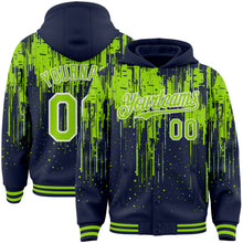 Загрузить изображение в средство просмотра галереи, Custom Navy Neon Green-White Dripping Splatter 3D Pattern Design Bomber Full-Snap Varsity Letterman Hoodie Jacket