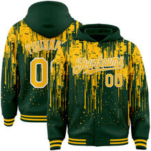 Загрузить изображение в средство просмотра галереи, Custom Green Gold-White Dripping Splatter 3D Pattern Design Bomber Full-Snap Varsity Letterman Hoodie Jacket