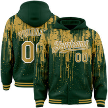 Загрузить изображение в средство просмотра галереи, Custom Green Old Gold-White Dripping Splatter 3D Pattern Design Bomber Full-Snap Varsity Letterman Hoodie Jacket