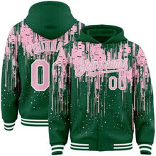 Загрузить изображение в средство просмотра галереи, Custom Kelly Green Light Pink-White Dripping Splatter 3D Pattern Design Bomber Full-Snap Varsity Letterman Hoodie Jacket
