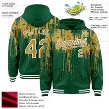 Загрузить изображение в средство просмотра галереи, Custom Kelly Green Old Gold-White Dripping Splatter 3D Pattern Design Bomber Full-Snap Varsity Letterman Hoodie Jacket
