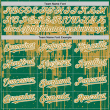 Загрузить изображение в средство просмотра галереи, Custom Kelly Green Old Gold-White Dripping Splatter 3D Pattern Design Bomber Full-Snap Varsity Letterman Hoodie Jacket