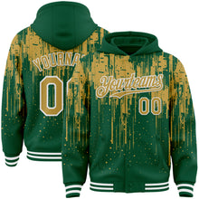 Загрузить изображение в средство просмотра галереи, Custom Kelly Green Old Gold-White Dripping Splatter 3D Pattern Design Bomber Full-Snap Varsity Letterman Hoodie Jacket