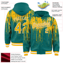 Загрузить изображение в средство просмотра галереи, Custom Teal Gold-White Dripping Splatter 3D Pattern Design Bomber Full-Snap Varsity Letterman Hoodie Jacket