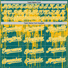 Загрузить изображение в средство просмотра галереи, Custom Teal Gold-White Dripping Splatter 3D Pattern Design Bomber Full-Snap Varsity Letterman Hoodie Jacket