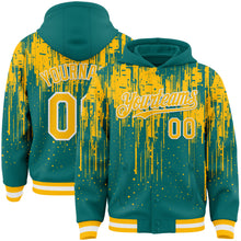 Загрузить изображение в средство просмотра галереи, Custom Teal Gold-White Dripping Splatter 3D Pattern Design Bomber Full-Snap Varsity Letterman Hoodie Jacket