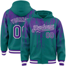 Загрузить изображение в средство просмотра галереи, Custom Teal Purple-White Dripping Splatter 3D Pattern Design Bomber Full-Snap Varsity Letterman Hoodie Jacket