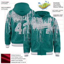 Загрузить изображение в средство просмотра галереи, Custom Teal Gray-White Dripping Splatter 3D Pattern Design Bomber Full-Snap Varsity Letterman Hoodie Jacket