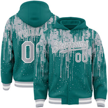 Загрузить изображение в средство просмотра галереи, Custom Teal Gray-White Dripping Splatter 3D Pattern Design Bomber Full-Snap Varsity Letterman Hoodie Jacket