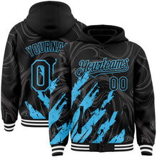 Загрузить изображение в средство просмотра галереи, Custom Black Sky Blue-White Splash 3D Pattern Design Bomber Full-Snap Varsity Letterman Hoodie Jacket