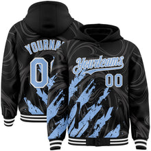 Загрузить изображение в средство просмотра галереи, Custom Black Light Blue-White Splash 3D Pattern Design Bomber Full-Snap Varsity Letterman Hoodie Jacket
