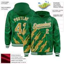 Загрузить изображение в средство просмотра галереи, Custom Kelly Green Old Gold-White Splash 3D Pattern Design Bomber Full-Snap Varsity Letterman Hoodie Jacket