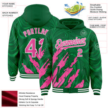 Загрузить изображение в средство просмотра галереи, Custom Kelly Green Pink-White Splash 3D Pattern Design Bomber Full-Snap Varsity Letterman Hoodie Jacket