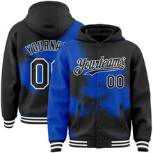 Загрузить изображение в средство просмотра галереи, Custom Black Thunder Blue-White Abstract Color Blocks Fragment 3D Pattern Design Bomber Full-Snap Varsity Letterman Hoodie Jacket