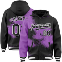 Загрузить изображение в средство просмотра галереи, Custom Black Medium Purple-White Abstract Color Blocks Fragment 3D Pattern Design Bomber Full-Snap Varsity Letterman Hoodie Jacket