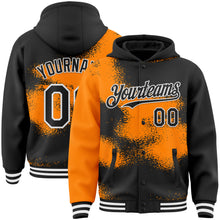 Загрузить изображение в средство просмотра галереи, Custom Black Bay Orange-White Abstract Color Blocks Fragment 3D Pattern Design Bomber Full-Snap Varsity Letterman Hoodie Jacket