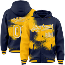 Загрузить изображение в средство просмотра галереи, Custom Navy Gold-White Abstract Color Blocks Fragment 3D Pattern Design Bomber Full-Snap Varsity Letterman Hoodie Jacket