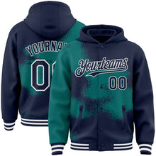 Загрузить изображение в средство просмотра галереи, Custom Navy Teal-White Abstract Color Blocks Fragment 3D Pattern Design Bomber Full-Snap Varsity Letterman Hoodie Jacket
