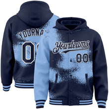Загрузить изображение в средство просмотра галереи, Custom Navy Light Blue-White Abstract Color Blocks Fragment 3D Pattern Design Bomber Full-Snap Varsity Letterman Hoodie Jacket