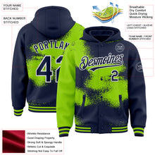 Загрузить изображение в средство просмотра галереи, Custom Navy Neon Green-White Abstract Color Blocks Fragment 3D Pattern Design Bomber Full-Snap Varsity Letterman Hoodie Jacket