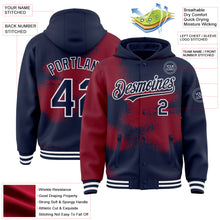 Загрузить изображение в средство просмотра галереи, Custom Navy Crimson-White Abstract Color Blocks Fragment 3D Pattern Design Bomber Full-Snap Varsity Letterman Hoodie Jacket