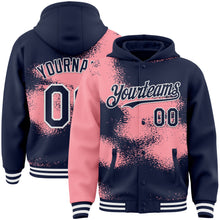 Загрузить изображение в средство просмотра галереи, Custom Navy Medium Pink-White Abstract Color Blocks Fragment 3D Pattern Design Bomber Full-Snap Varsity Letterman Hoodie Jacket