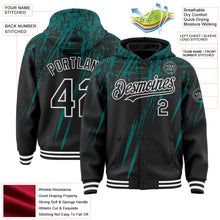 Загрузить изображение в средство просмотра галереи, Custom Black Teal-White Splash 3D Pattern Design Bomber Full-Snap Varsity Letterman Hoodie Jacket