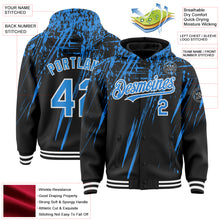 Загрузить изображение в средство просмотра галереи, Custom Black Powder Blue-White Splash 3D Pattern Design Bomber Full-Snap Varsity Letterman Hoodie Jacket