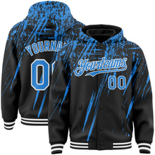 Загрузить изображение в средство просмотра галереи, Custom Black Powder Blue-White Splash 3D Pattern Design Bomber Full-Snap Varsity Letterman Hoodie Jacket