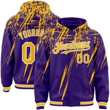 Загрузить изображение в средство просмотра галереи, Custom Purple Gold-White Splash 3D Pattern Design Bomber Full-Snap Varsity Letterman Hoodie Jacket