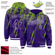 Загрузить изображение в средство просмотра галереи, Custom Purple Neon Green-White Splash 3D Pattern Design Bomber Full-Snap Varsity Letterman Hoodie Jacket
