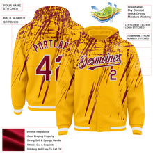 Загрузить изображение в средство просмотра галереи, Custom Gold Crimson-White Splash 3D Pattern Design Bomber Full-Snap Varsity Letterman Hoodie Jacket