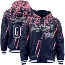 Загрузить изображение в средство просмотра галереи, Custom Navy Medium Pink-White Splash 3D Pattern Design Bomber Full-Snap Varsity Letterman Hoodie Jacket
