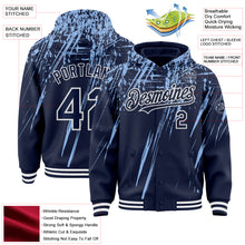 Загрузить изображение в средство просмотра галереи, Custom Navy Light Blue-White Splash 3D Pattern Design Bomber Full-Snap Varsity Letterman Hoodie Jacket
