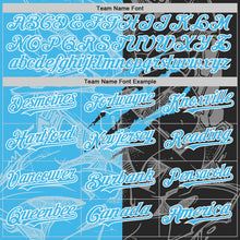 Загрузить изображение в средство просмотра галереи, Custom Graffiti Pattern Sky Blue Black-White Scratch Bomber Full-Snap Varsity Letterman Hoodie Jacket