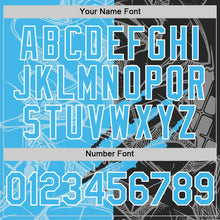 Загрузить изображение в средство просмотра галереи, Custom Graffiti Pattern Sky Blue Black-White Scratch Bomber Full-Snap Varsity Letterman Hoodie Jacket