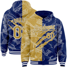 Загрузить изображение в средство просмотра галереи, Custom Graffiti Pattern Old Gold Royal-White Scratch Bomber Full-Snap Varsity Letterman Hoodie Jacket